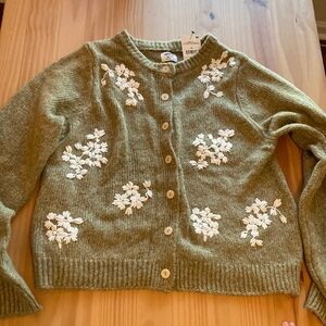 Olive Green Floral Embroidered Sweater